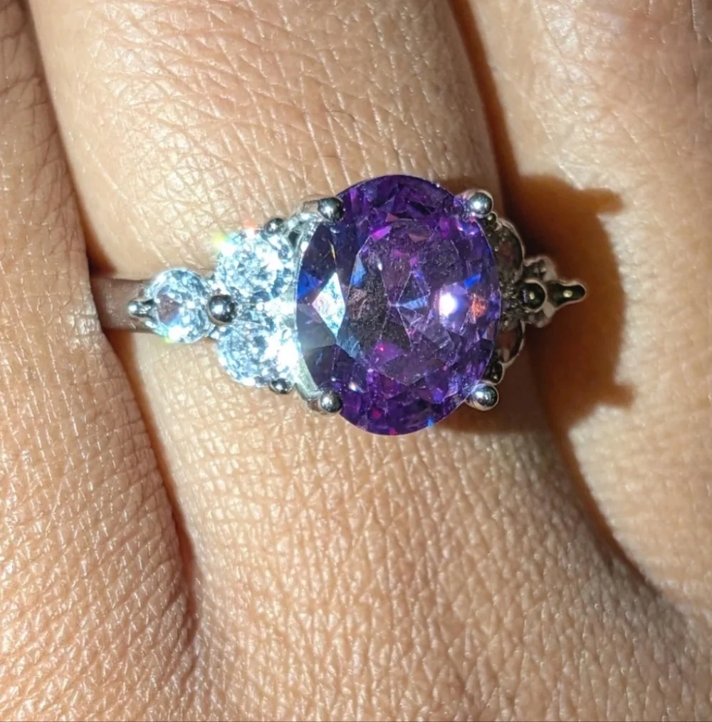 925 Dazzling 8 Ct Brilliant Cut Amathyst  Oval Stone Engagement Ring Sz 9